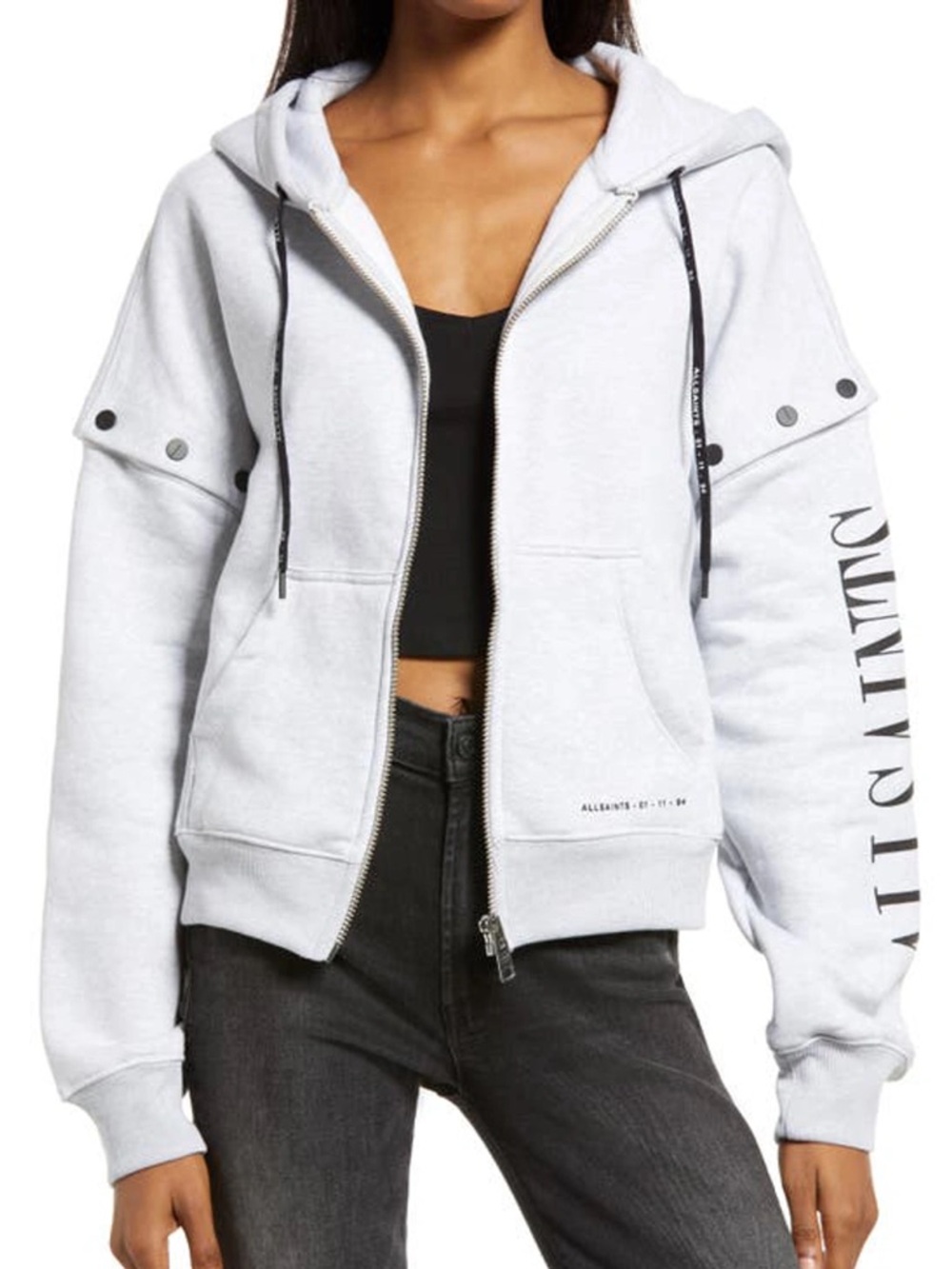 AllSaints Amphia Chlo Gray Zip Hoodie Sweatshirt Removable Sleeve Size Large